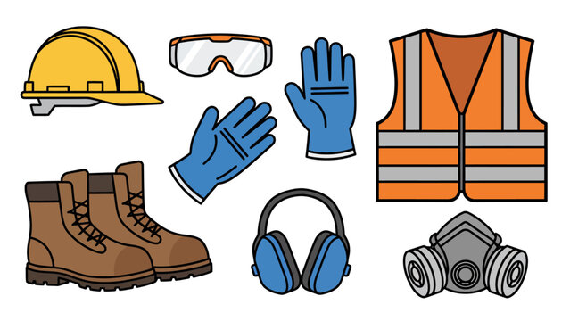 Vector illustration set of essential personal protective equipment for industrial and construction safety