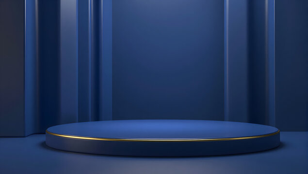 Awards Podium: A sleek, circular awards podium, accented with a thin gold trim, stands empty against a backdrop of vertically aligned dark blue panels, creating a sense of anticipation and prestige.