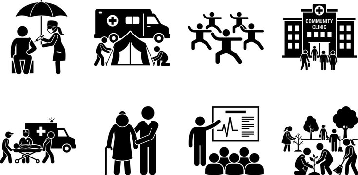 Community Healthcare and Public Health Services Black Silhouette Icon Collection Vector Set