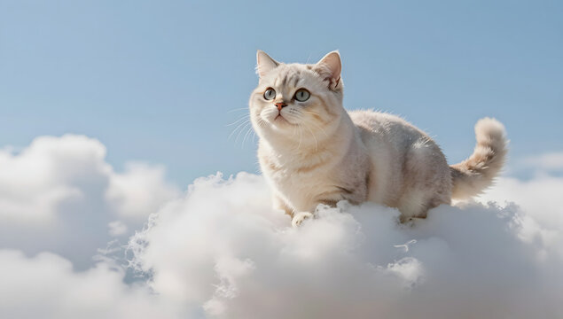 Celestial Feline: A fluffy white cat with striking blue eyes sits atop a soft, white cloud, gazing upwards towards a clear blue sky.