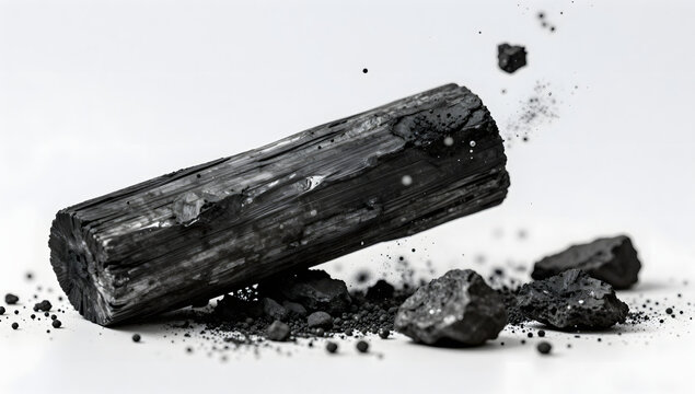 Charcoal on White: A single piece of charcoal rests on a white surface, with small fragments and dust scattered around, suggesting a natural element or artistic medium.