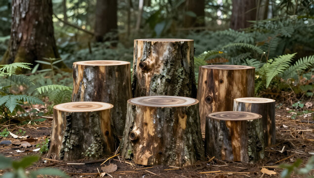 Tree Stumps in Forest: A collection of weathered tree stumps of varying sizes are arranged in a natural forest setting, surrounded by lush ferns and mossy ground.