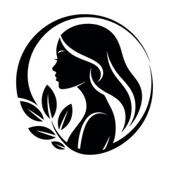 Woman s face and leaves silhouette within a circular frame a black and white graphic design female profile portrait head © Akunji Turza