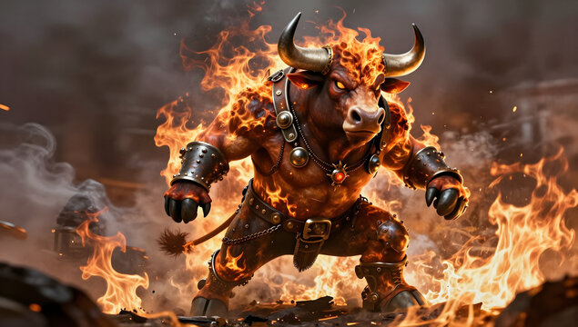 Inferno Bull: A fearsome bull, wreathed in flames, stands ready for battle amidst a fiery, apocalyptic landscape. Its powerful physique and intense gaze convey raw power and untamed fury.