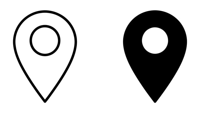 Location Marker Icon: A simple and clear representation of a map pin, shown in both outline and filled-in black versions, symbolizing navigation, place, and direction.
