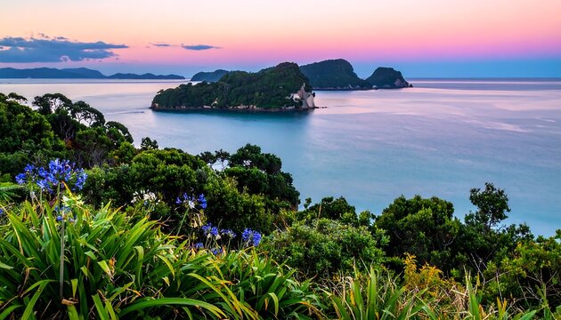 Lush Coastal Island Resting in Calm Blue Ocean at Pink Sunset Horizon