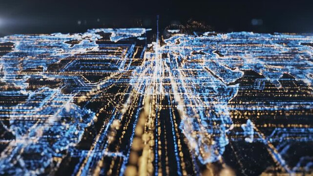 Digital golden map of the world created with glowing particles and data network circuit lines.