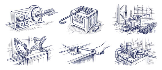 Fototapeta premium Rebar bending machine drawing set showing industrial metal rod bending tools, manual and automatic steel bar shaping equipment, hydraulic benders, and workshop robotics in vintage engraving style.