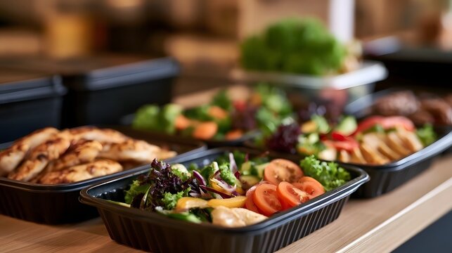 Freshly prepared healthy meals in black containers arranged on a wooden surface for convenient dining