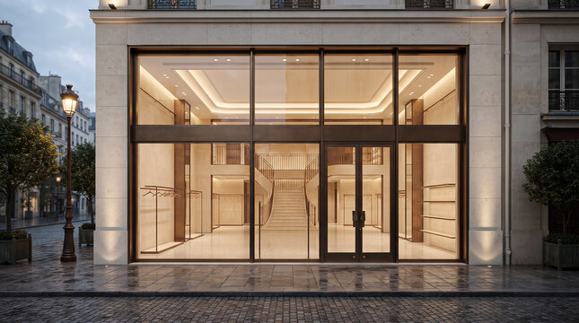 Modern retail store facade with glass frontage and minimalist interior design boutique architecture minimalist interior exterior commercial building shopping showcase lighting business