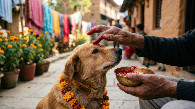 Dog receives blessing with red powder during Tihar festival celebration.