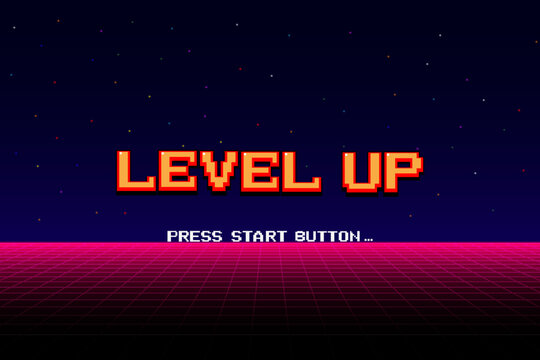 Level up. pixel art 8 bit. Retro Futurism Sci-Fi Background. glowing neon grid. and stars from vintage arcade computer games.