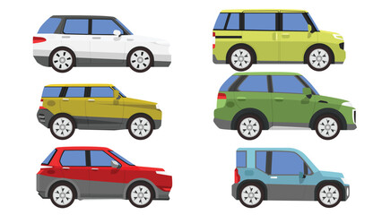 Naklejka premium Collection of vector illustration displays a collection of six stylized SUV cars shown in side profile. Each vehicle features a unique color, including white, yellow, green, and red, arranged in a sim