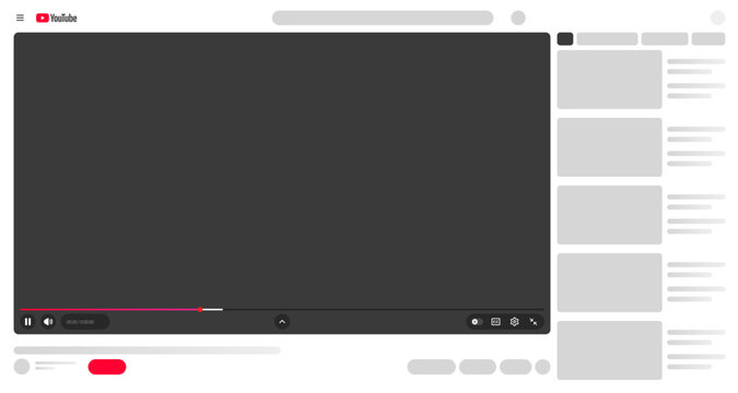 YouTube video streaming watch page interface template with multimedia player screen sidebar UI vector illustration