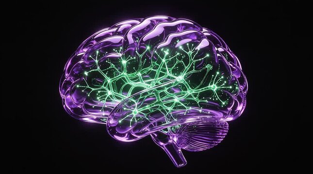 Translucent purple brain with green neural pathways for neuroscience education and medical documentary