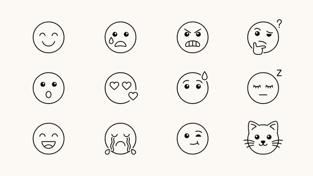 Set of twelve simple black and white emotion face icons with a cat