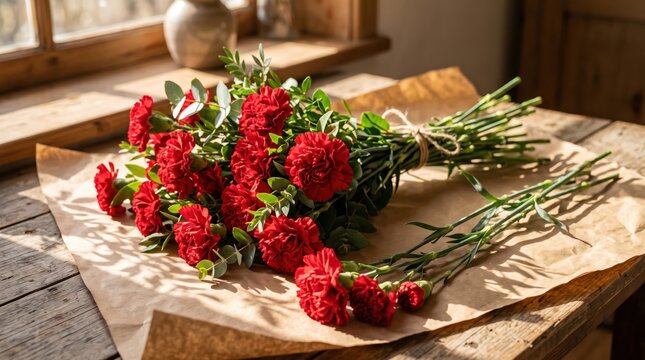 Bouquet of red carnations tied with twine and wrapped in paper on rustic wooden table by sunlit window, florist wrapping scene with natural light and greenery nearby