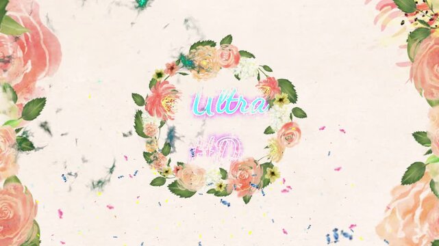 Floral wreath frame surrounds a central neon-style text element set against a soft cream background with elegant watercolor roses and scattered confetti, providing a perfect template for wedding.