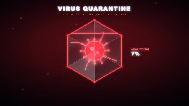 Digital animation of a red malware virus threat being isolated in a geometric box and neutralized