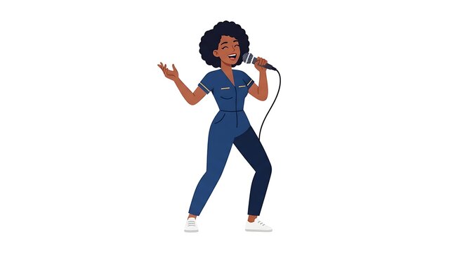 Female African American singer holding microphone performing on stage Gemini style vector illustration isolated on white background for music art concept