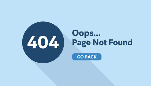 Web page error 404 warning screen design with oops page not found text and blue go back button on light blue background.
