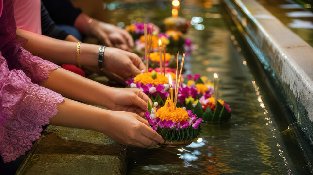 Hands placing floating flower offerings on water during festival.