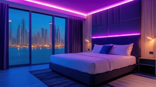 Queen bed with neon strip lighting facing city skyline