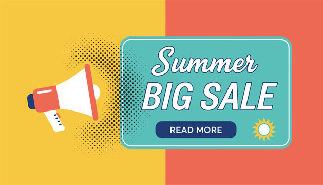 Summer big sale commercial promotion banner with megaphone illustration and read more button on vibrant colored background.