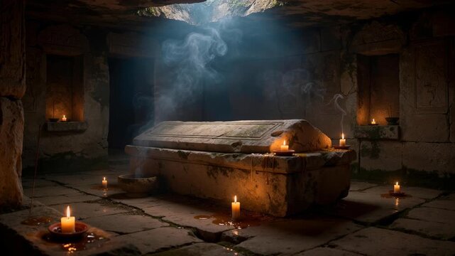 Ancient stone tomb inside eerie dimly lit crypt with burning candles and smoke mystical atmosphere