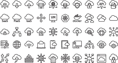 Fototapeta premium Cloud computing line icons set, 50 network infrastructure vector symbols, data storage and server technology icons for web design and app development