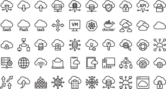Cloud computing line icons set, 50 network infrastructure vector symbols, data storage and server technology icons for web design and app development