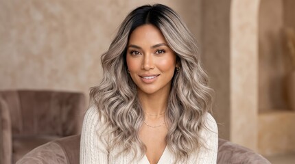 Obraz premium Woman with long wavy silver hair smiling and seated in modern neutral living room, relaxed portrait of adult female presenting warm confident expression and casual style