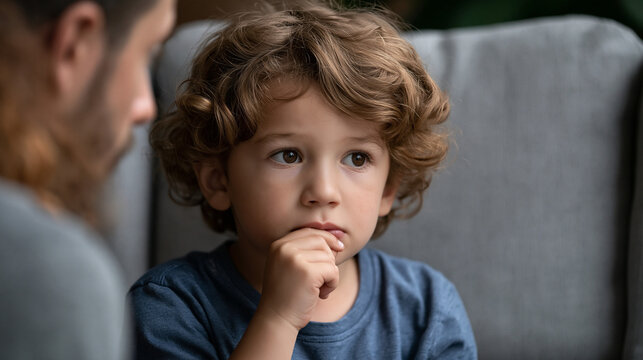 Young boy looking thoughtful with finger at mouth on couch