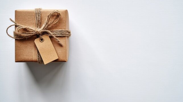 Top view brown parcel tied with twine on white clean surface