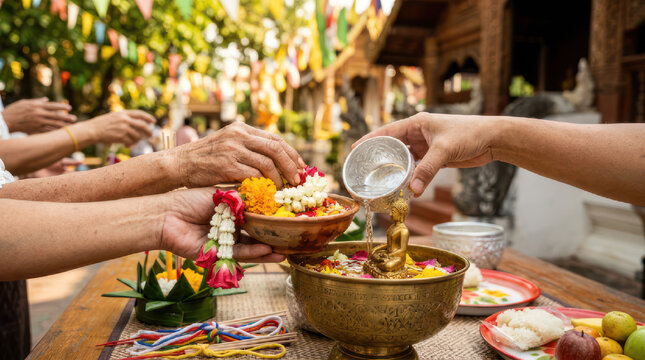 People offering food and flowers in a religious ceremony.