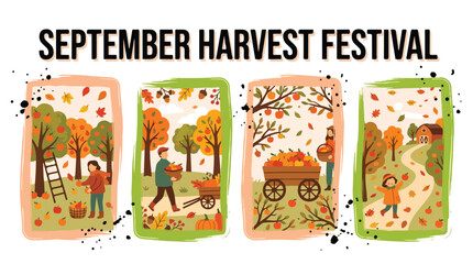 Fototapeta premium Autumn harvest festival celebration with people picking apples and leaves falling