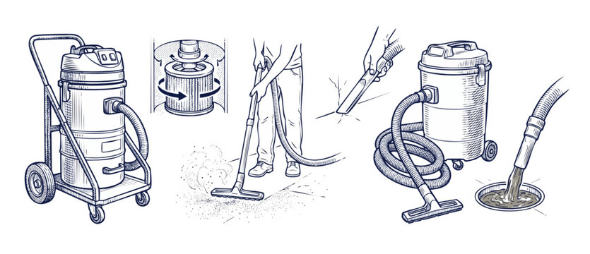 Industrial vacuum cleaner cleaning service set with wet dry shop vac, HEPA filter replacement, crevice tool details, and water drainage line art drawings for commercial maintenance illustrations.