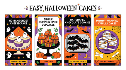Fototapeta premium Halloween dessert ideas with ghost cheesecakes, pumpkin spice cupcakes, bat cookies, and vanilla cakes