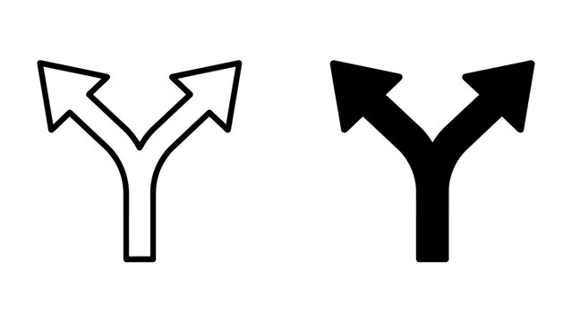 Fork in the Road: Two stylized arrows, one outlined and one solid black, diverge at a junction, symbolizing a decision point or divergent paths.