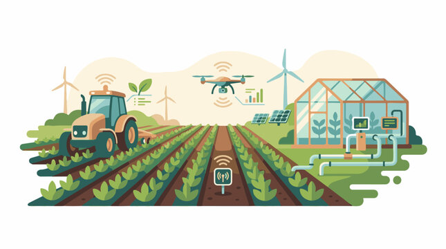 Modern farm with tractor drone and greenhouse utilizing technology