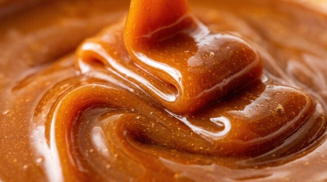 Thick caramel sauce being poured and folded into glossy swirls, macro close up of viscous golden caramel creating layered ribbon shapes and highlights