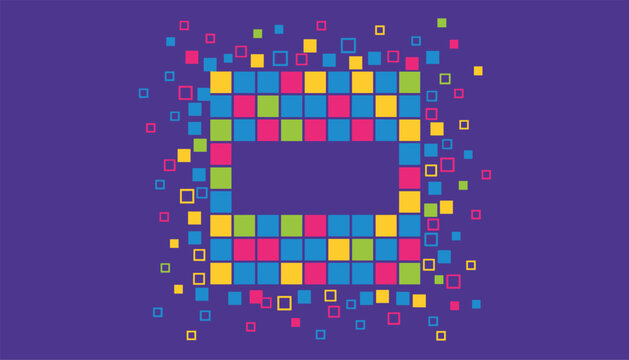 Abstract retro pixel frame background with colorful square mosaic blocks exploding outward on a deep purple backdrop.