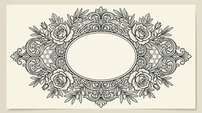 Intricate vintage floral frame with ornate scrollwork and blooming roses designed for decorative or labeling purposes in elegant