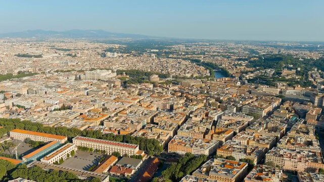 Rome, Italy. General panorama of the city. Castel Sant Angelo. Evening time. Drone footage