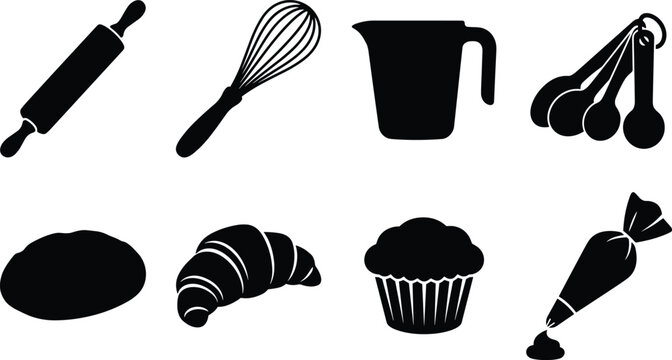 Baking Tools and Pastry Silhouette Collection with Kitchen Utensils and Dessert Vector Set