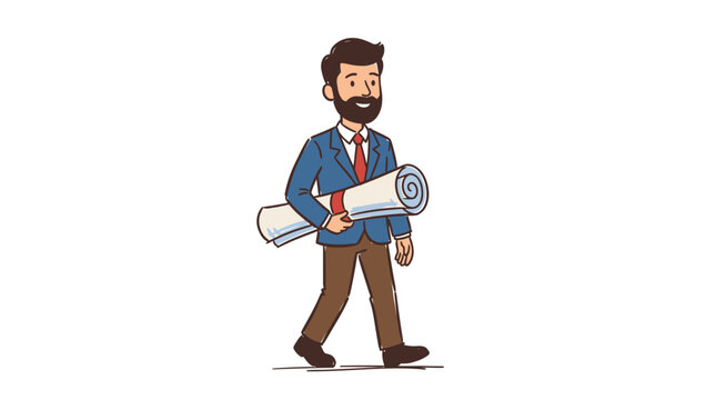 Professional architect or engineer in formal attire holding blueprint and scale modeling tool, ready for construction project