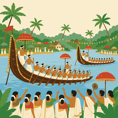 Kerala Snake Boat Race Onam Festival Celebration Flat Vector Illustration © Shreya Khaire