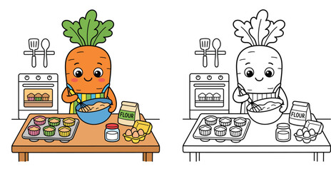 Fototapeta premium Little Carrot Chef Character Baking Cupcakes in Kitchen Set