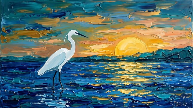 Impressionist oil painting of a white egret standing in water during a golden sunset