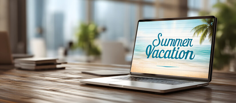 Tropical beach on PC screen with summer vacation text. Summer vacation time concept in the office